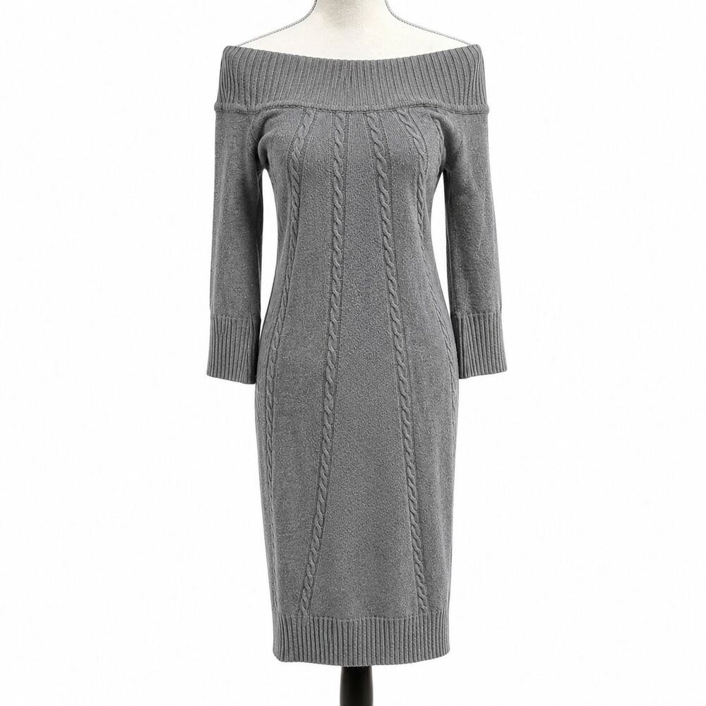 NY & Company Gray Off Shoulder Sweater Dress Large Cable Knit 3/4 Sleeve Knee - Picture 2 of 9
